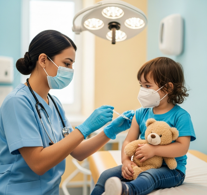 Pediatric nurse administers COVID-19 vaccine to a young child in a medical clinic