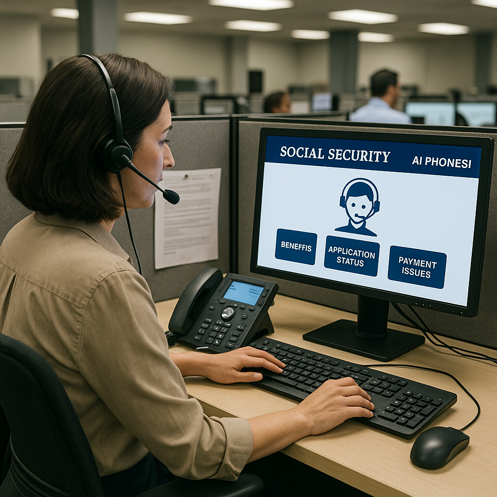 Your Social Security Check Might Be Delayed—Here’s What Employees Say Is Really Happening 3 Social Security call center with operator at desk, AI phone system interface